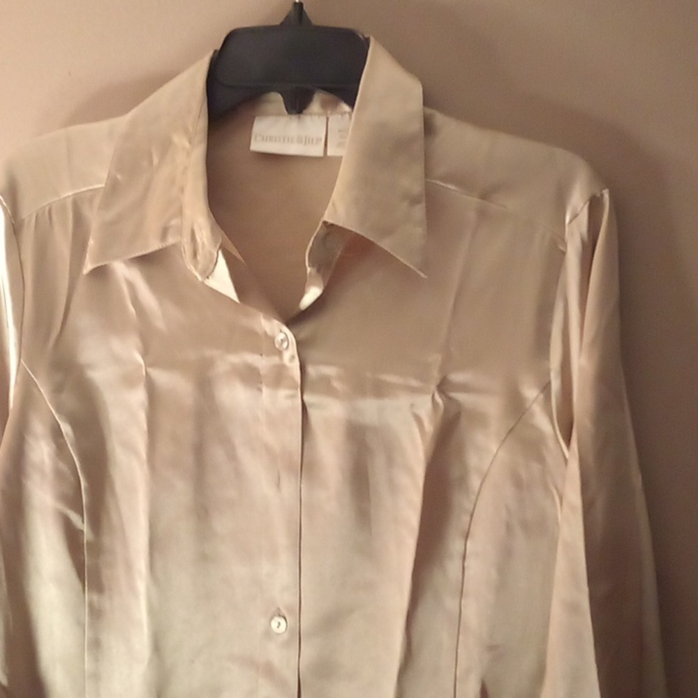 Christie & Jill Long Sleeve Metallic Gold Button Down Shirt - Size 8 - Picture 2 of 6
